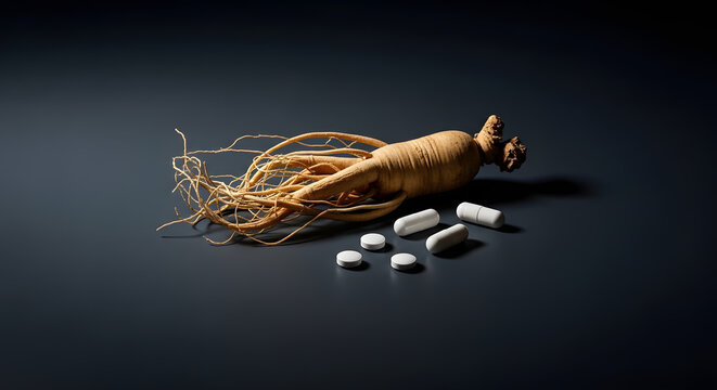 Ginseng root with capsules on dark background.