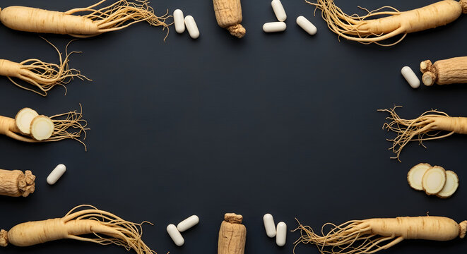 Ginseng roots and capsules arranged in a circle.