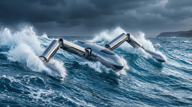A futuristic wave energy converter floating on a turbulent blue ocean captures kinetic power. The sleek metallic buoy harnesses the crashing white waves into clean energy.