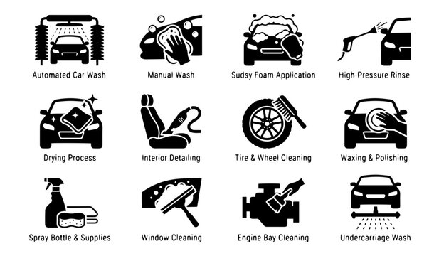 Car wash and auto detailing service black glyph vector icons set