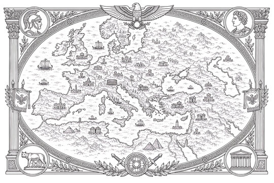 ornate antique Roman map engraving, antique Roman map, vintage Roman map, historical Roman map, ancient Rome cartography, Roman Empire map, Roman geography, Roman roads map, classical cartography, ant