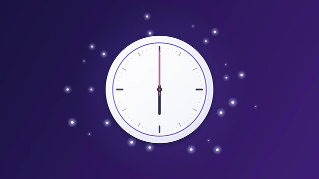 Analog clock with spinning hands and sparkling particles on purple