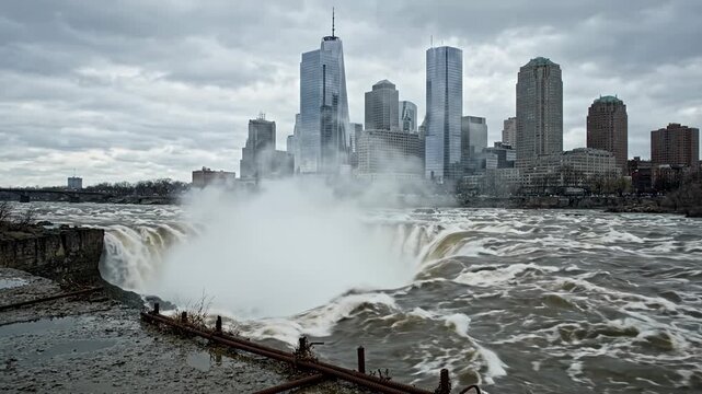 Massive waterfall flowing toward modern city skyscrapers.