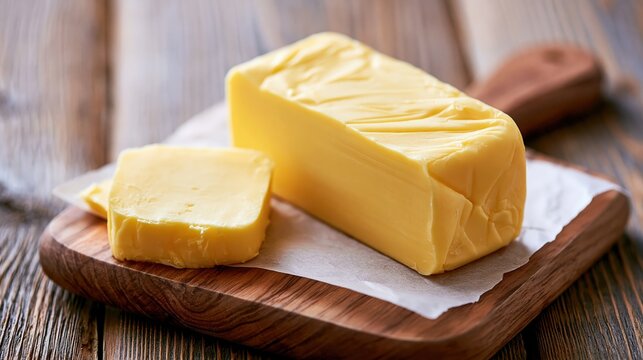 Rich yellow butter rests on a wooden board with a portion sliced off.