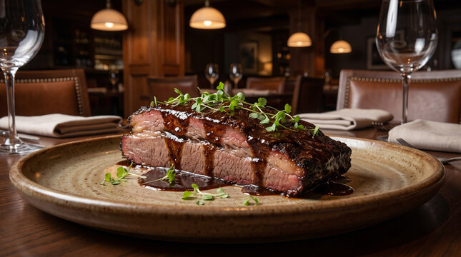 A beautifully plated smoked beef brisket slice with a dark espresso glaze and micro cilantro is served on a rustic ceramic plate in a modern luxury steakhouse setting.