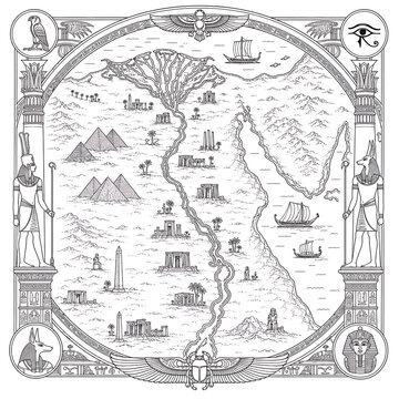 ornate engraved map of ancient Egypt, ancient Egypt map, antique Egypt map, vintage Egypt map, historical Egyptian map, engraved Egypt map, ancient Egyptian cartography, antique cartography, Nile Rive