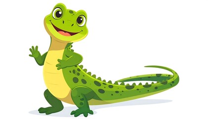 Fototapeta premium Cartoon green dinosaur character holding a leaf.
