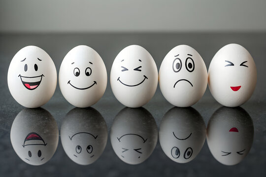 Row of eggs with drawn facial expressions showing different emotions