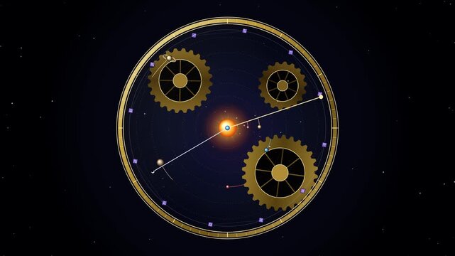 Astrological Clockwork Mechanism with Rotating Planets and Zodiac Signs