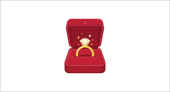 Open jewelry box displaying a gold engagement ring with a diamond flat vector illustration proposal wedding