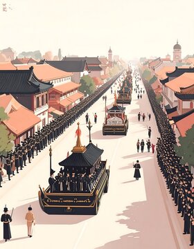 Historical Imperial Funeral Procession in Traditional Japanese Cityscape.
