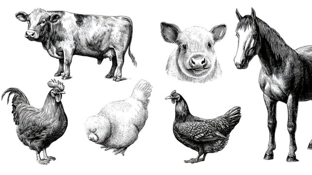 Farm animals collection with cow calf horse and chickens vintage engraved illustrations isolated on transparent background