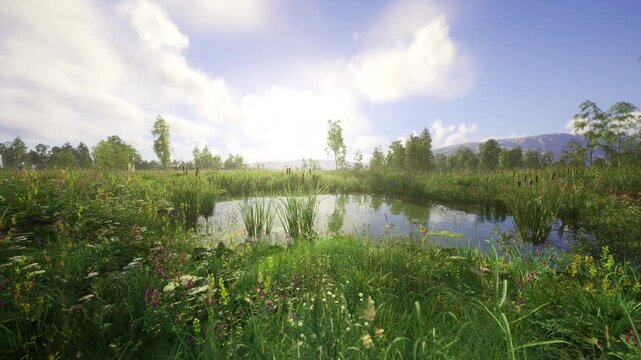 Bright pond with mirror reflection and colorful meadow, high sun creating crisp highlights, tall grasses and cattails along shore, soft clouds overhead,