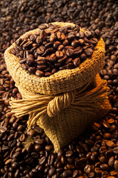 Coffe beans in gunnysack, close-up