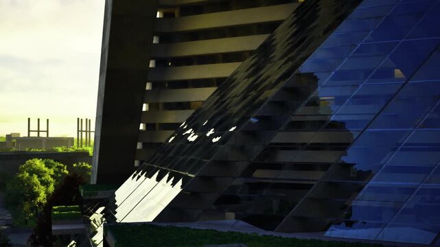 Reflective glass facade catching golden sunlight, angled metal ribs create rhythmic shadow pattern across photovoltaic panels, distant industrial skyline