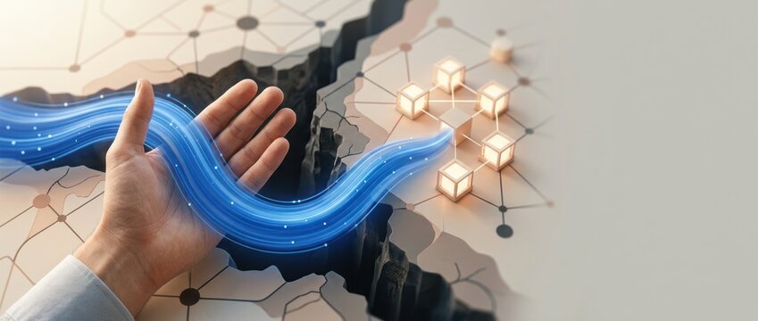 Business continuity concept with hand guiding glowing blue data flow around a disruption gap toward connected enterprise network nodes with copy space