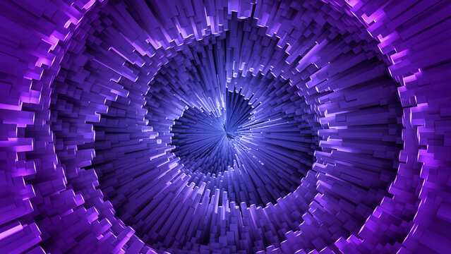 Glowing purple 3D geometric tunnel with cosmic depth