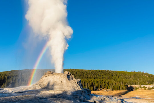 USA, Wyoming, Yellowstone National Park, Upper Geyser Basin, Castle Geyser erupting
