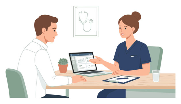 Female Doctor Showing Electronic Medical Records on Laptop Screen to Male Patient in Health Clinic Office for Healthcare Consulting and Digital Diagnostic Designs