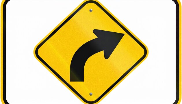 Yellow diamond traffic sign, bold black arrow curving right, symbolizing caution, direction, safety, awareness.