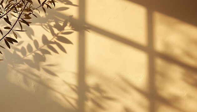 champagne beige wall background with olive branch and window light shadow