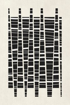 The abstract geometric pattern features black and white lines