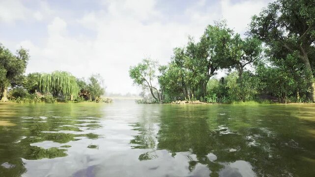 Reed fringed bank beside dense forest edge with clear water reflections and grassy undergrowth, textured shoreline details create intimate nature study