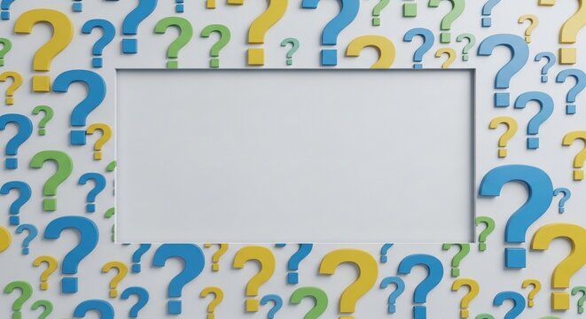 Curious Questions Bordering a Blank Canvas. 3D Rendered, Vibrant Yellow, Blue, Green Question Marks Surround Empty Space.