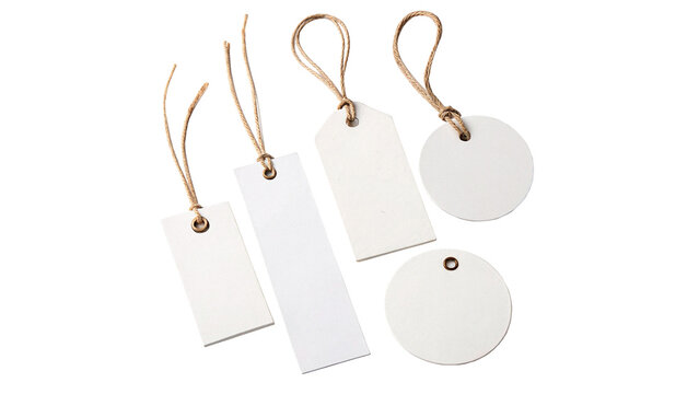 Five blank white paper merchandise tags with string strings isolated on transparent background