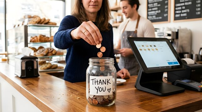 Woman dropping coins into glass 'Thank You' jar with another person beside her. Money saving, tips jar, gratitude fund, shared savings, financial goal, collective contribution concept.