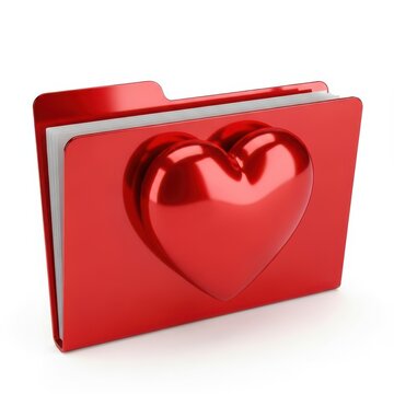 Glossy red folder with heart icon, metallic love file directory, romantic digital data storage concept