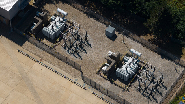 Aerial drone view captures a datacenter power substation