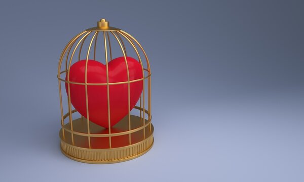 A red heart is locked inside a golden cage showing trapped love