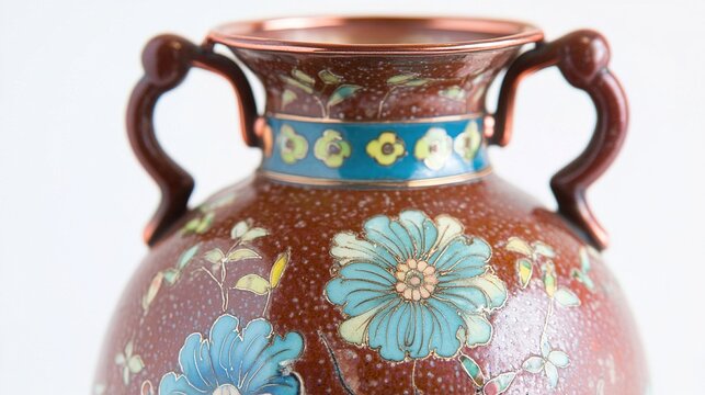cloisonne. Close-up of a cloisonne vase with intricate wire patterns and vibrant enamel. event programs, museum guides, designed for cultural heritage projects and event programs.