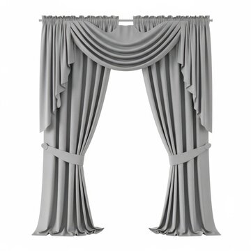 Elegant grey curtains with classic swags and jabots, luxury window drapes for interior design, isolated fabric drapery on white background