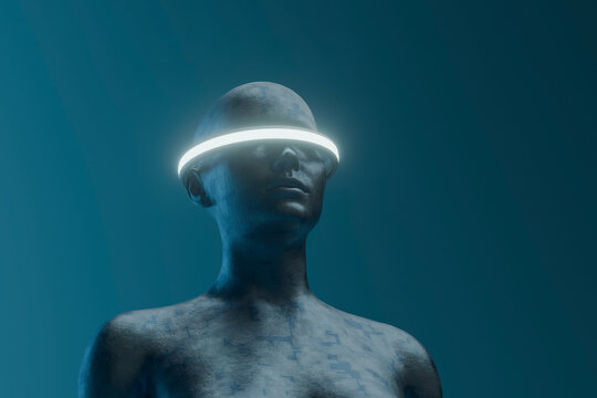 A metallic humanoid cyborg wears a glowing visor in blue light