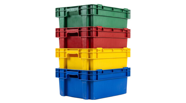 Stack of colorful plastic storage crates for industrial logistics and warehouse organization.