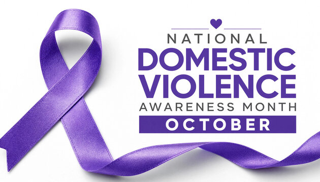 Purple ribbon for domestic violence awareness month with text against a white background