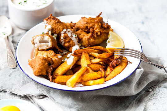 Classic english fish and chips with tartare sauce