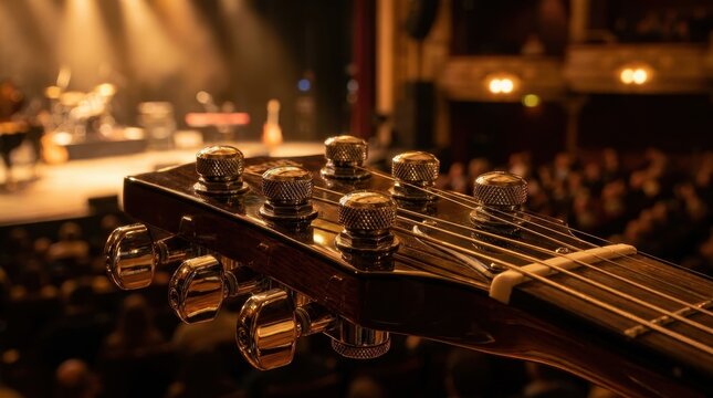 Close-up view of gleaming chrome guitar tuning pegs with fine knurl on a musical instrument headstock during a live performance