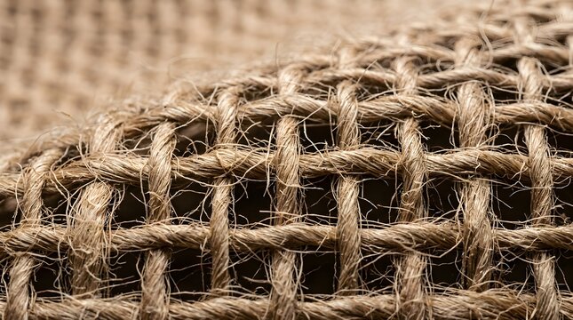 Close-up of coarse woven natural fiber material with an earthy brown texture, ideal for textile, craftsmanship, eco materials, rustic design, and handmade products. 