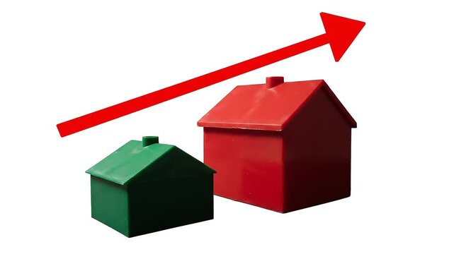 Red Arrow Rising Over Toy Houses on White Housing Market Concept