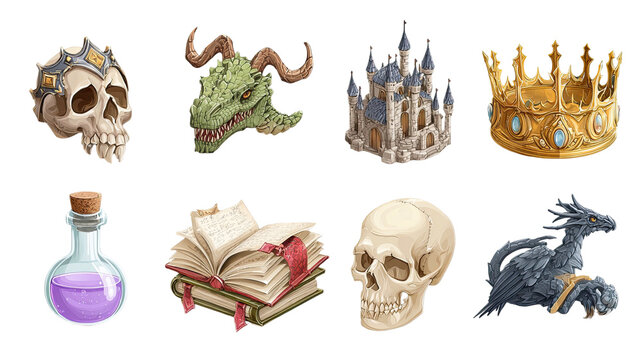 Fantasy adventure collection with skull, dragon, castle, crown, magic potion and enchanted books isolated on transparent background