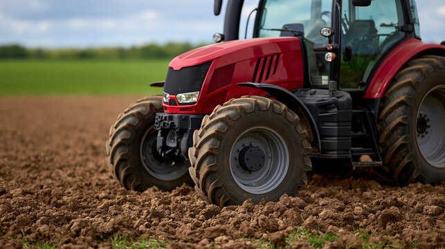 Modern red tractor working on tilled brown soil in a freshly plowed field under an overcast sky, representing farming, agriculture, and rural industry, copy space