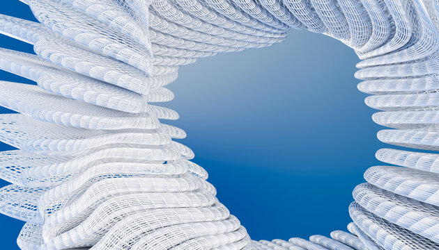 White digital wireframe spiral surrounds a blue copy space background