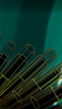 Abstract geometric 3D rendering of transparent tubes with yellow outlines