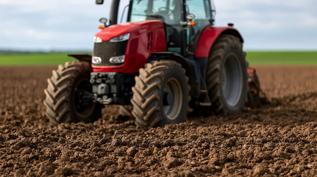 Red tractor cultivating soil in a fertile field, preparing for spring planting, symbolizing modern farming, food production, and sustainable agriculture