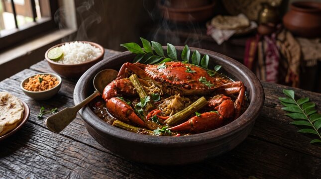 Traditional spicy Sri Lankan Jaffna mud crab curry in a rustic clay pot