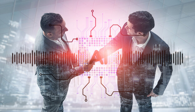 Two Businessmen Shaking Hands with Digital Circuit Overlay Representing Technology Partnership and Collaboration in a Modern Urban Environment. Sentient.