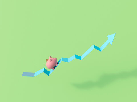 Piggy bank on rising arrow symbolizing financial growth and savings